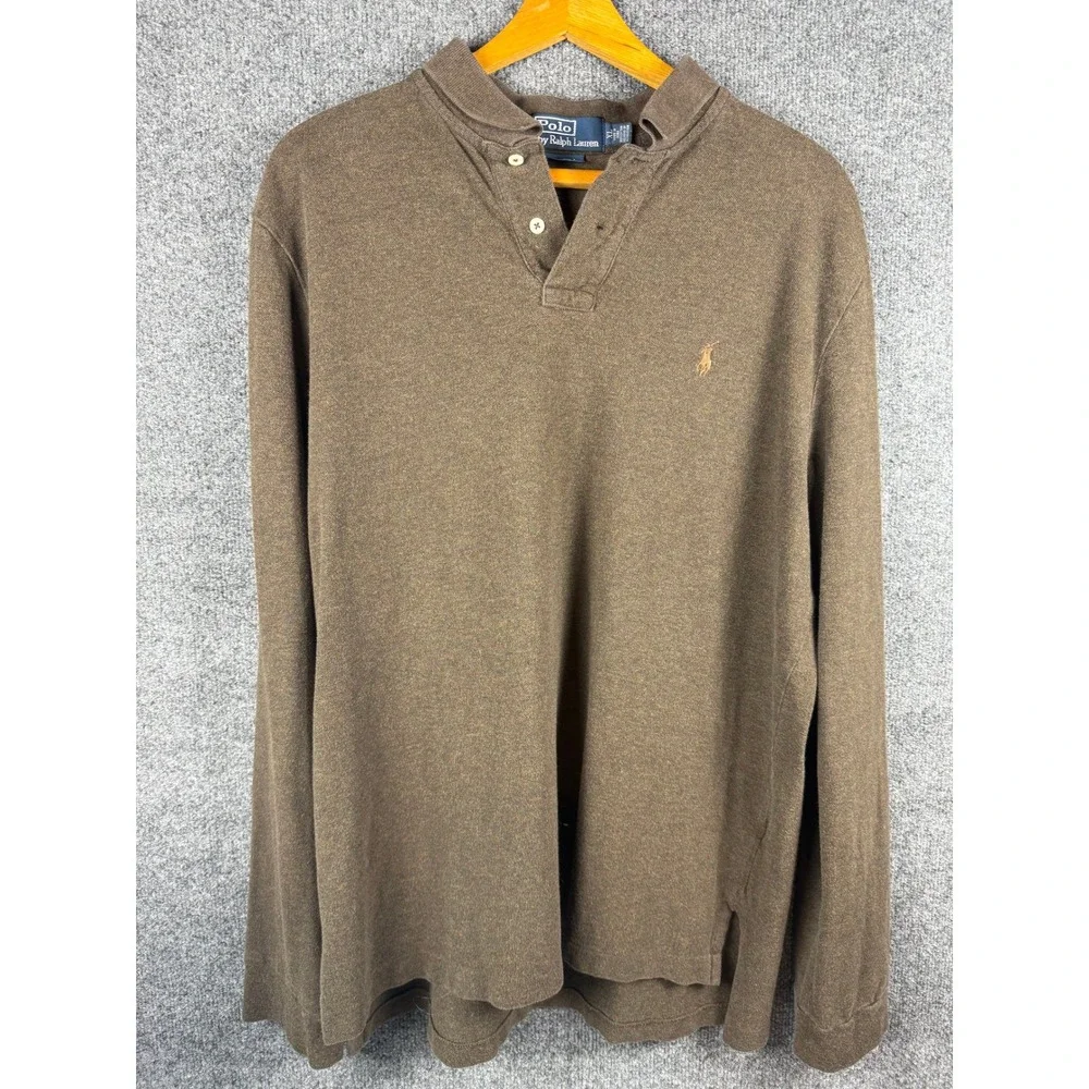 Polo Ralph Lauren Mens XL Brown Long Sleeve Polo Shirt Custom Fit Pony Logo